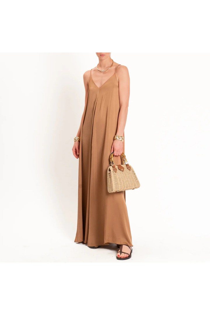 Flared satin dress Camel
