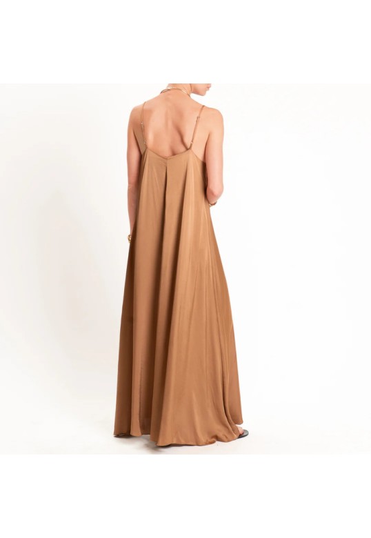 Flared satin dress Camel