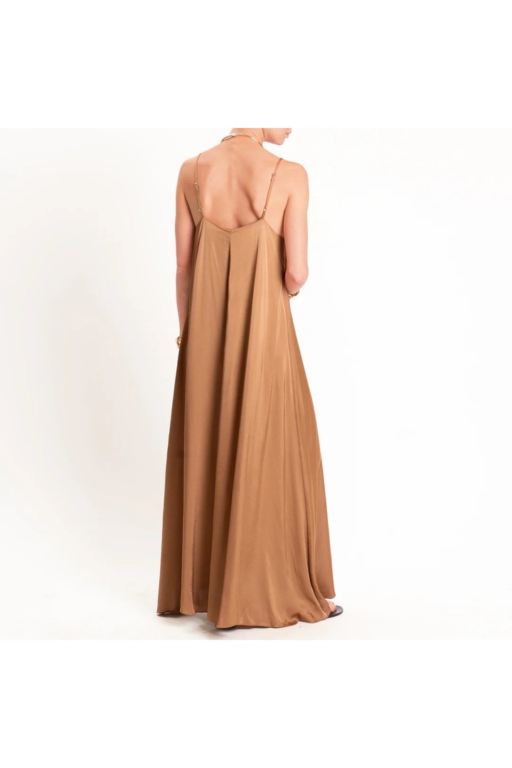 Flared satin dress Camel