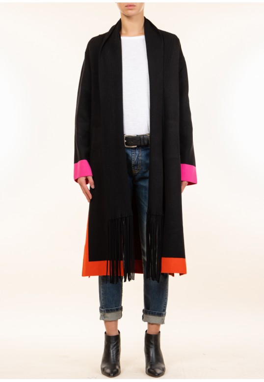 Vicolo- 3-color knit coat with black / fuchsia / orange fringes