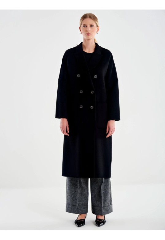 Basic Double-breasted Long Coat Black