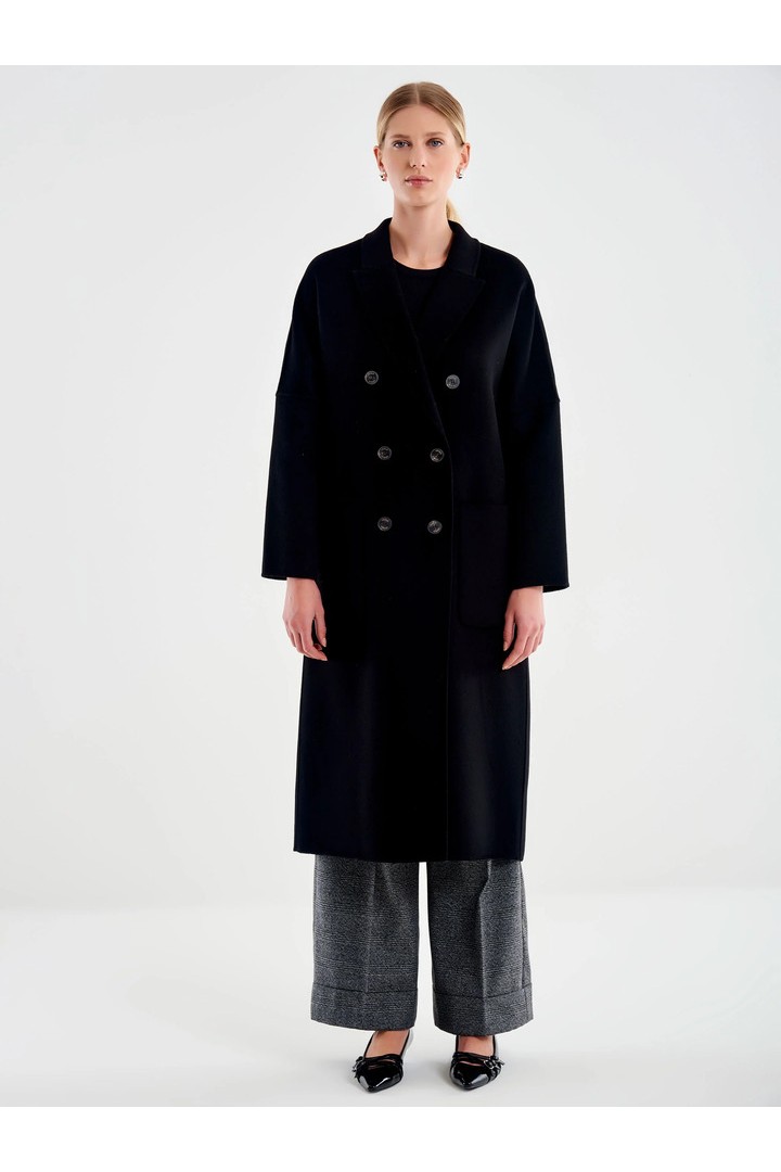 Basic Double-breasted Long Coat Black