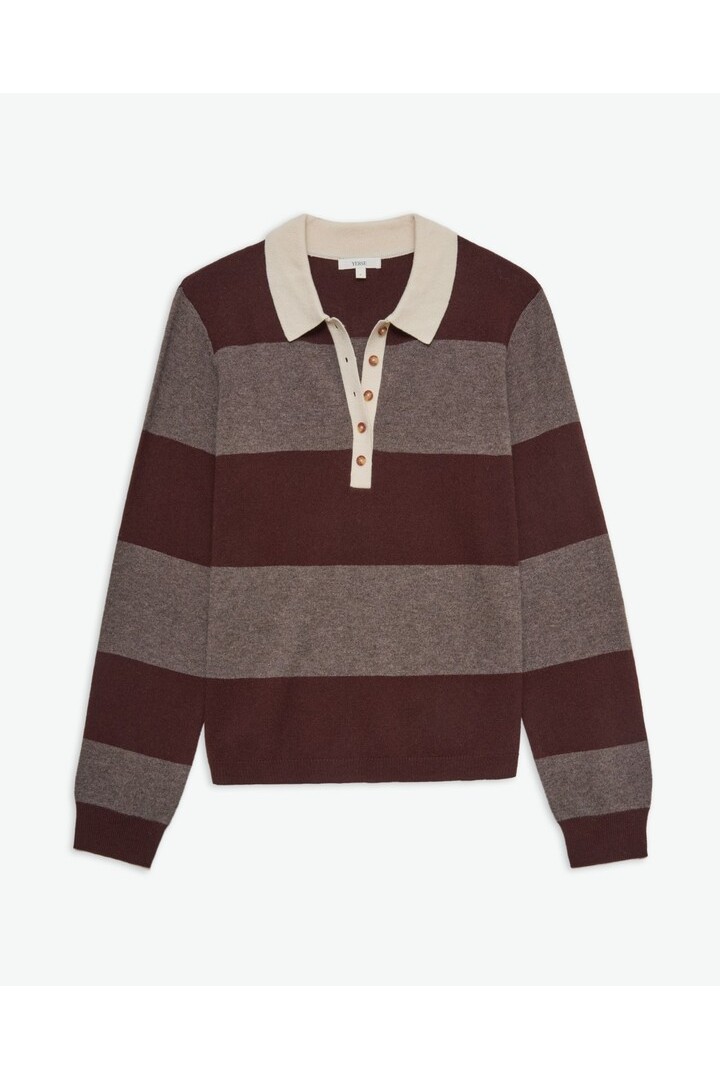 Brown striped wool-blend polo sweater