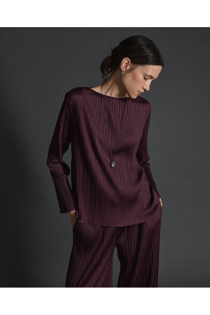 Aubergine bateau-neck pleated blouse
