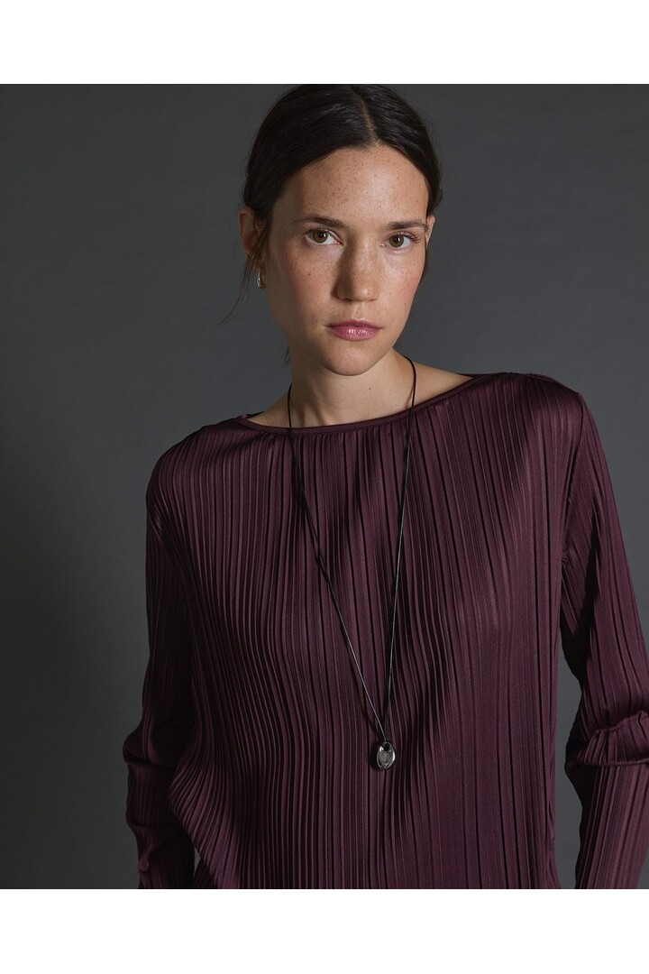 Aubergine bateau-neck pleated blouse