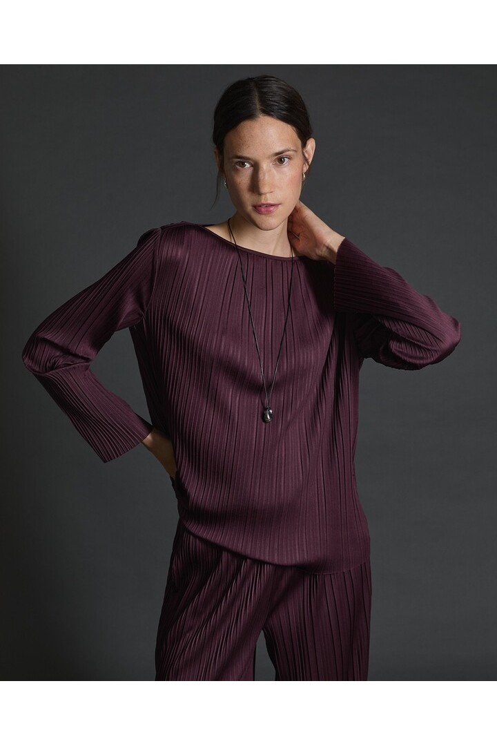 Aubergine bateau-neck pleated blouse