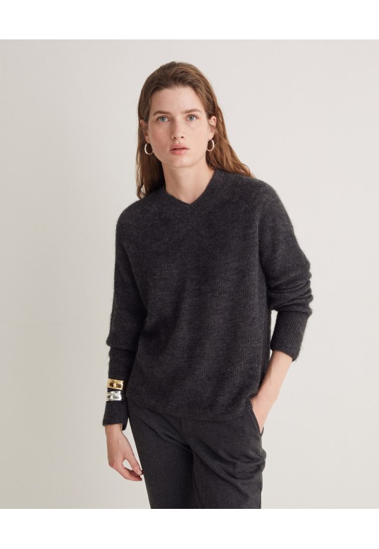 Lead-grey alpaca and wool fisherman’s-rib sweater