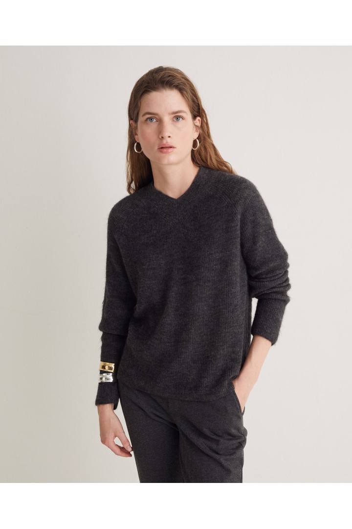 Lead-grey alpaca and wool fisherman’s-rib sweater