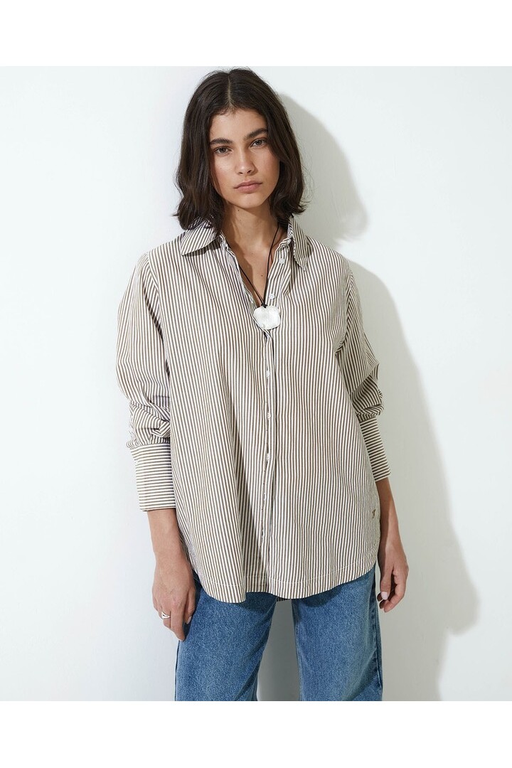 Camel striped organic-cotton poplin shirt