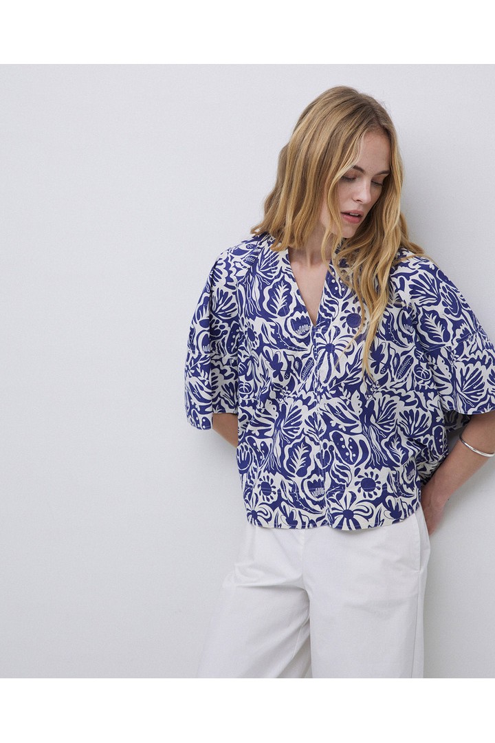 Indigo blue floral Henley-neck shirt