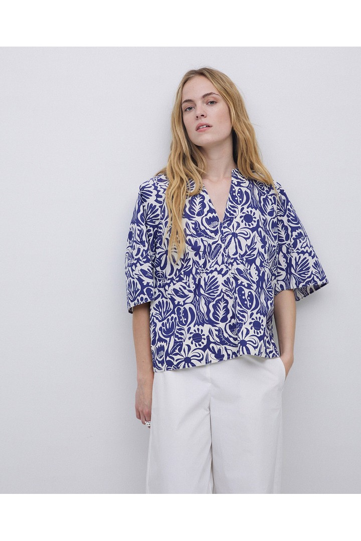 Indigo blue floral Henley-neck shirt