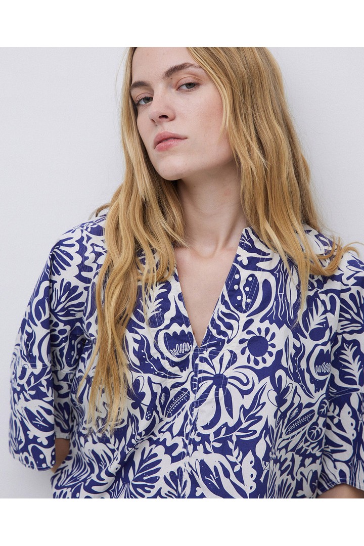 Indigo blue floral Henley-neck shirt