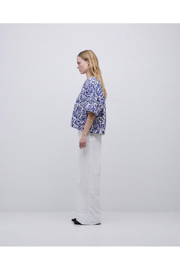 Indigo blue floral Henley-neck shirt