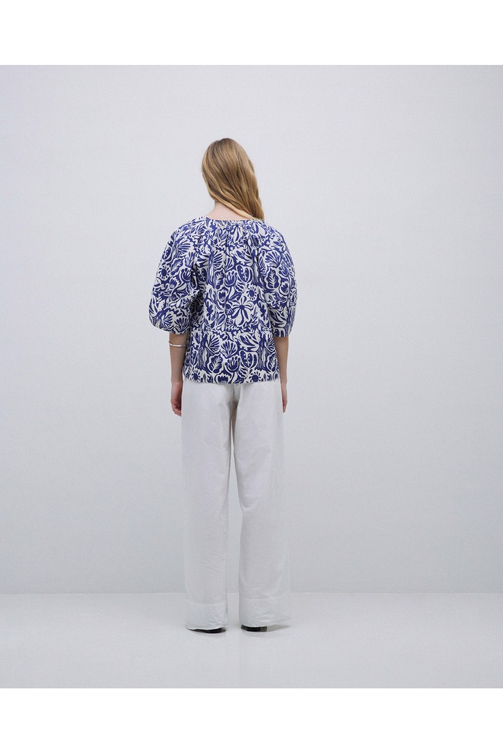Indigo blue floral Henley-neck shirt