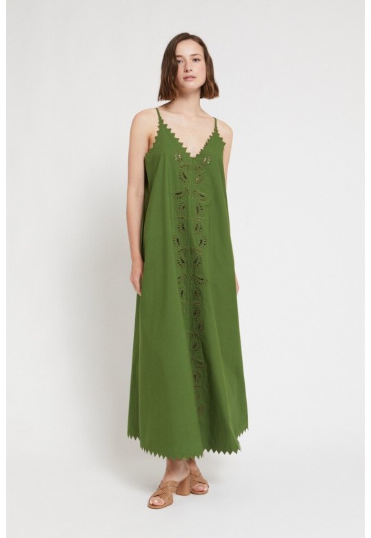 Cotton long dress with cutwork embroidery green