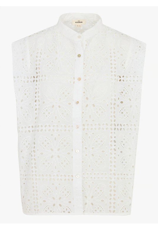 Sleeveless button-front top with embroidery - White