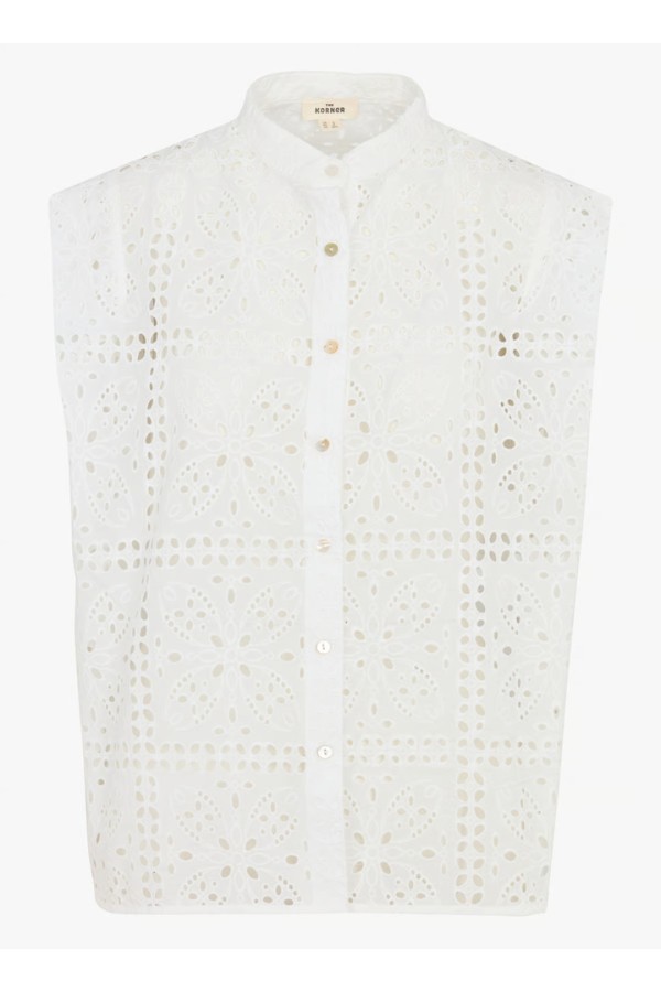 Sleeveless button-front top with embroidery - White