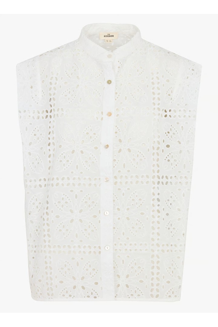 Sleeveless button-front top with embroidery - White