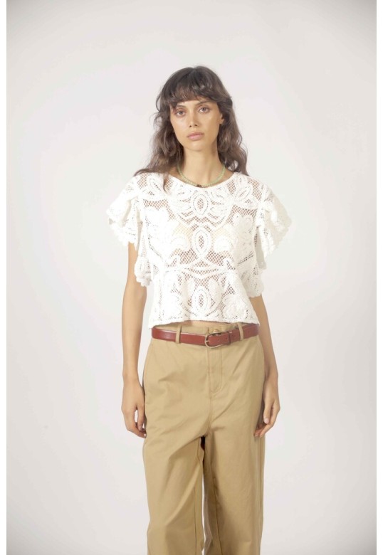 Ruffled crochet top Cream