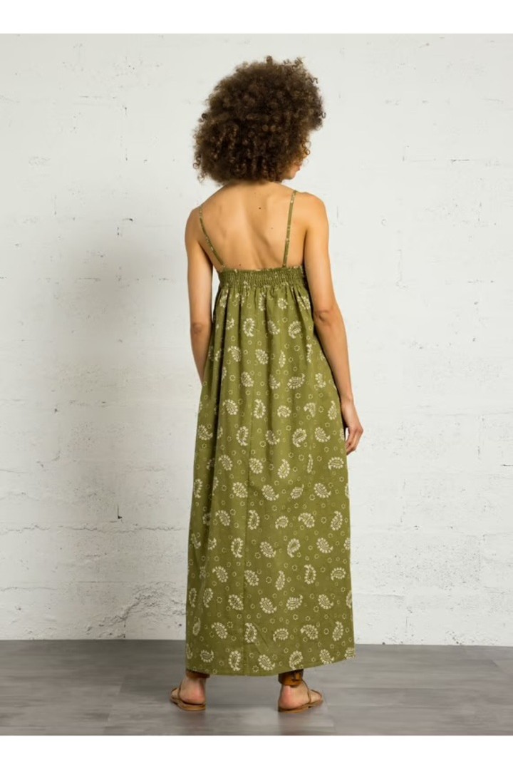 Loose-fitting printed dress with straps - Khaki