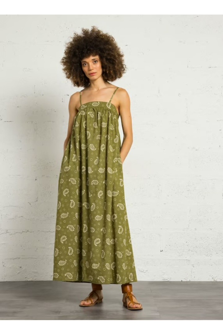 Loose-fitting printed dress with straps - Khaki