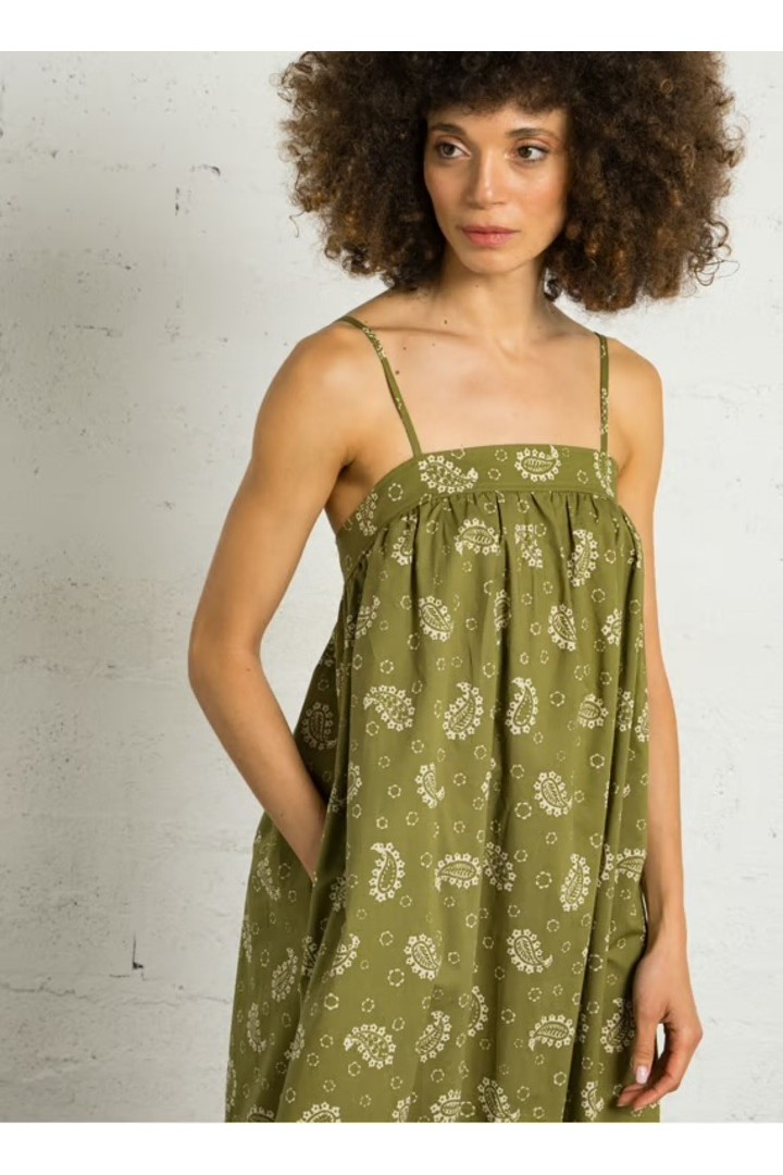 Loose-fitting printed dress with straps - Khaki