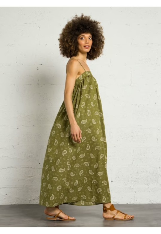 Loose-fitting printed dress with straps - Khaki