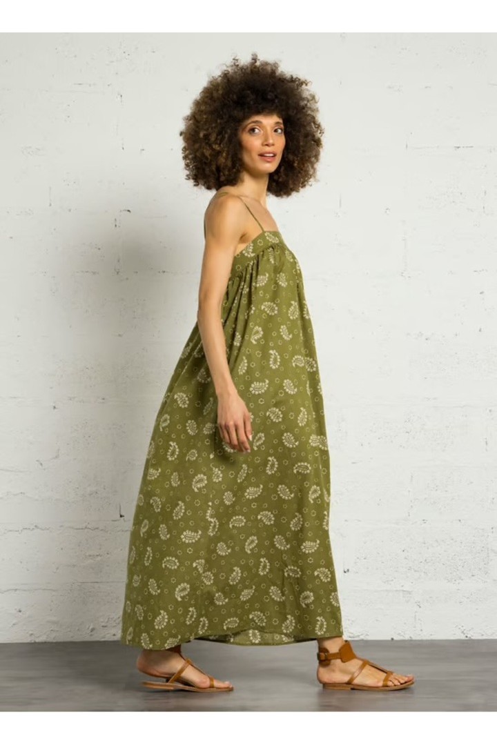 Loose-fitting printed dress with straps - Khaki