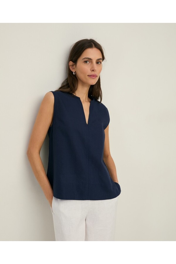 Sleeveless linen and cotton blouse Navy Blue