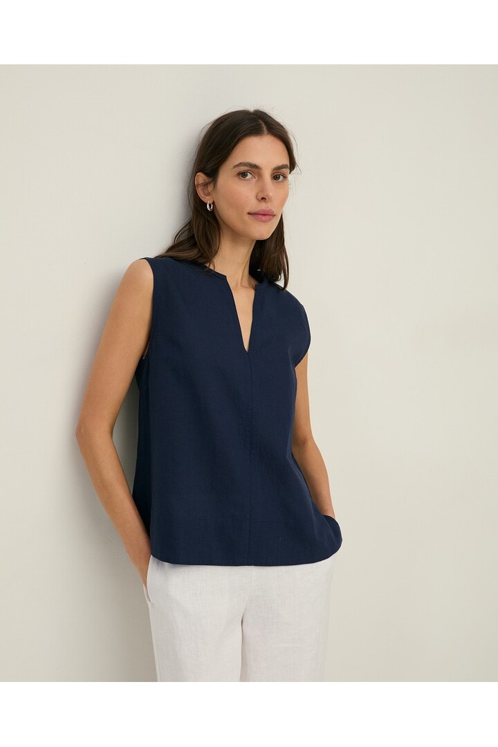 Sleeveless linen and cotton blouse Navy Blue