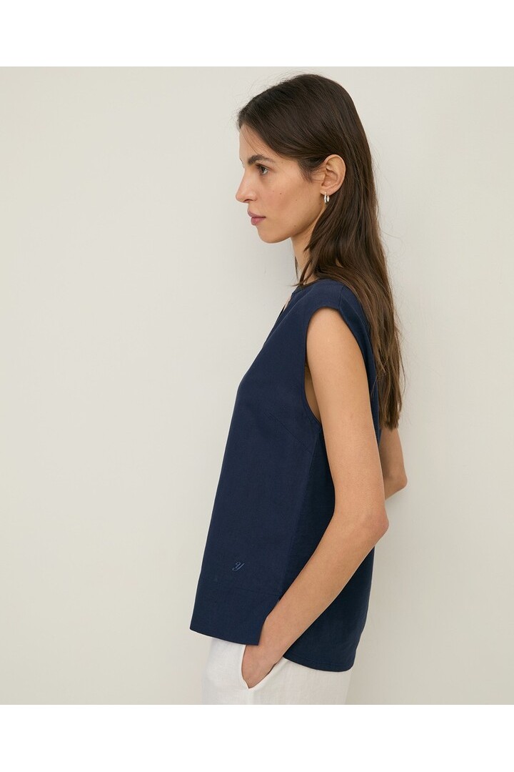 Sleeveless linen and cotton blouse Navy Blue