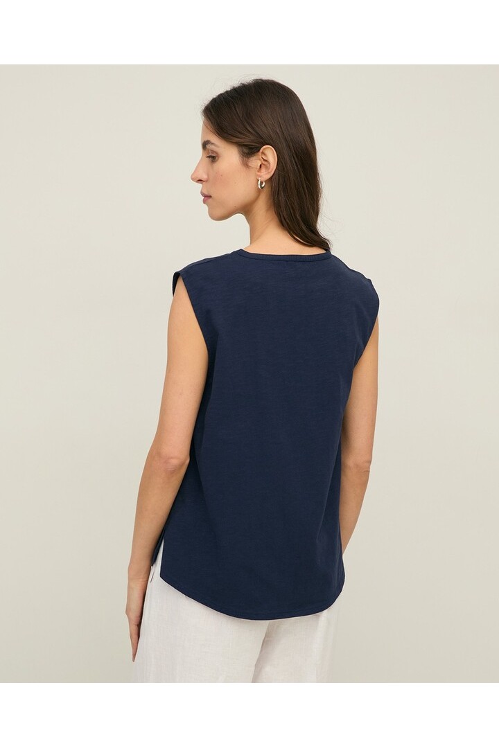 Sleeveless linen and cotton blouse Navy Blue