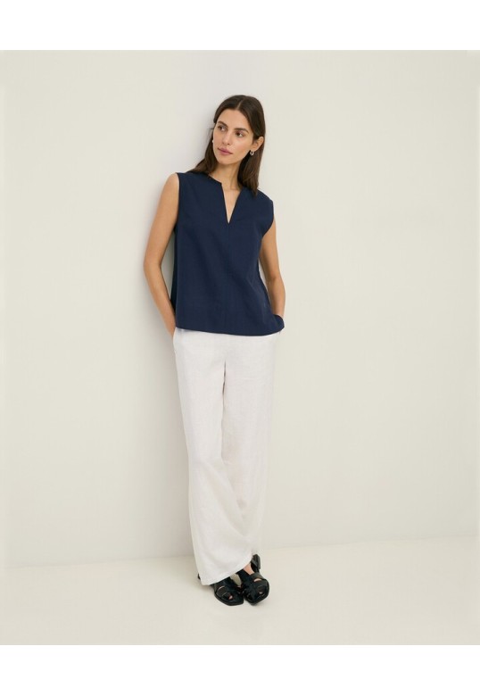 Sleeveless linen and cotton blouse Navy Blue