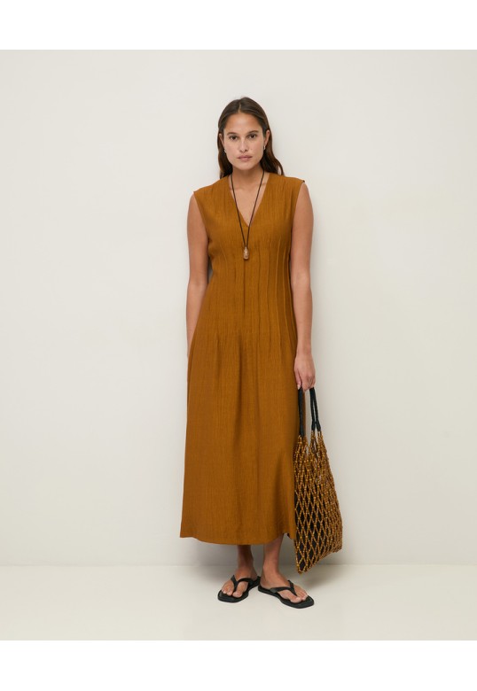 Long pleated dress Dark Ocher