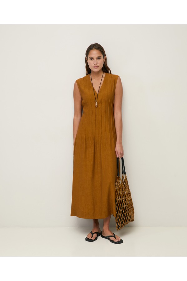 Long pleated dress Dark Ocher