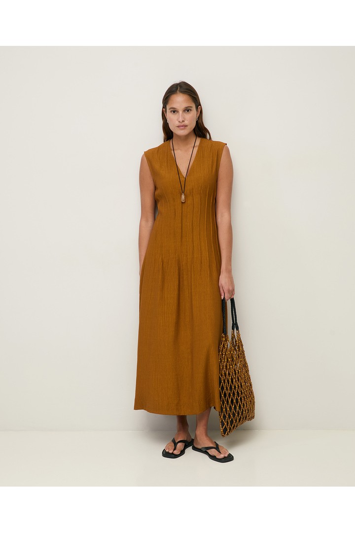 Long pleated dress Dark Ocher