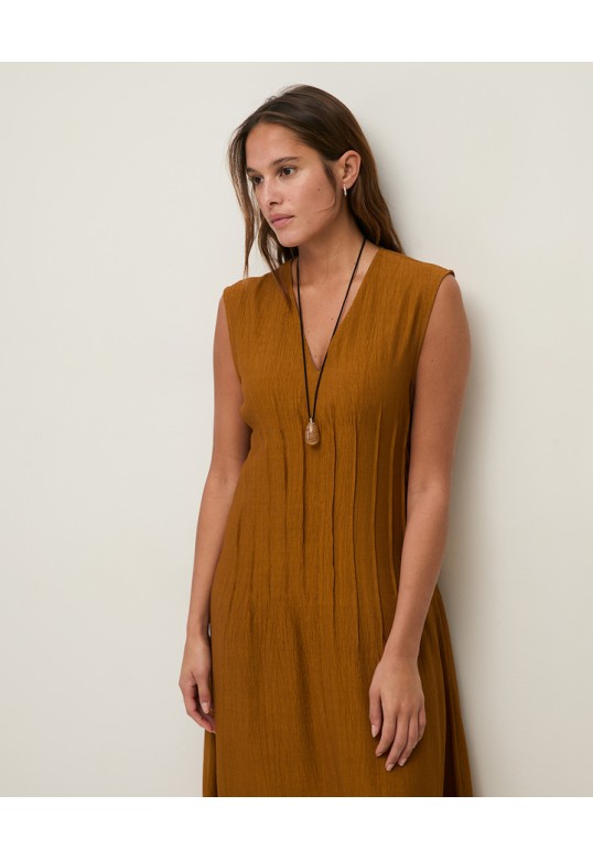 Long pleated dress Dark Ocher