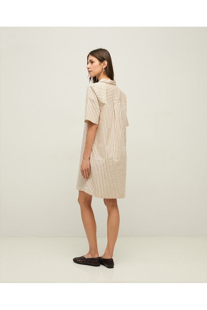 Short striped poplin shirt dress Ecru stripes