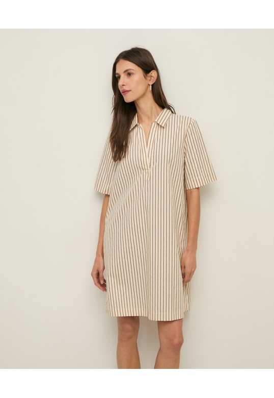 Short striped poplin shirt dress Ecru stripes