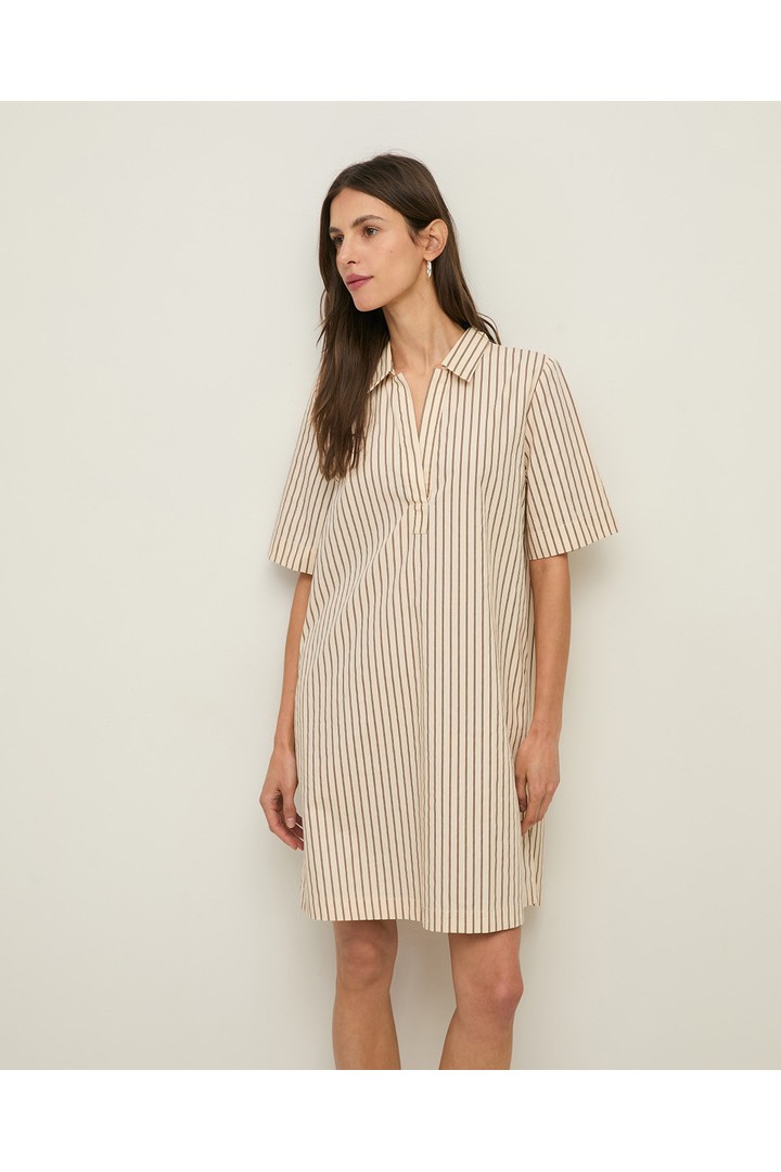 Short striped poplin shirt dress Ecru stripes