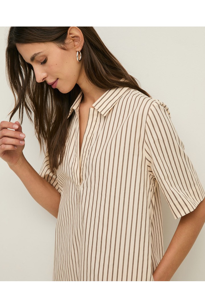 Short striped poplin shirt dress Ecru stripes