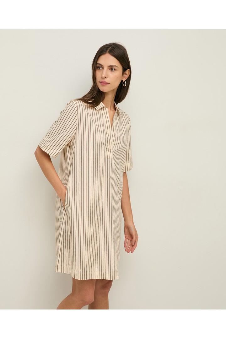 Short striped poplin shirt dress Ecru stripes
