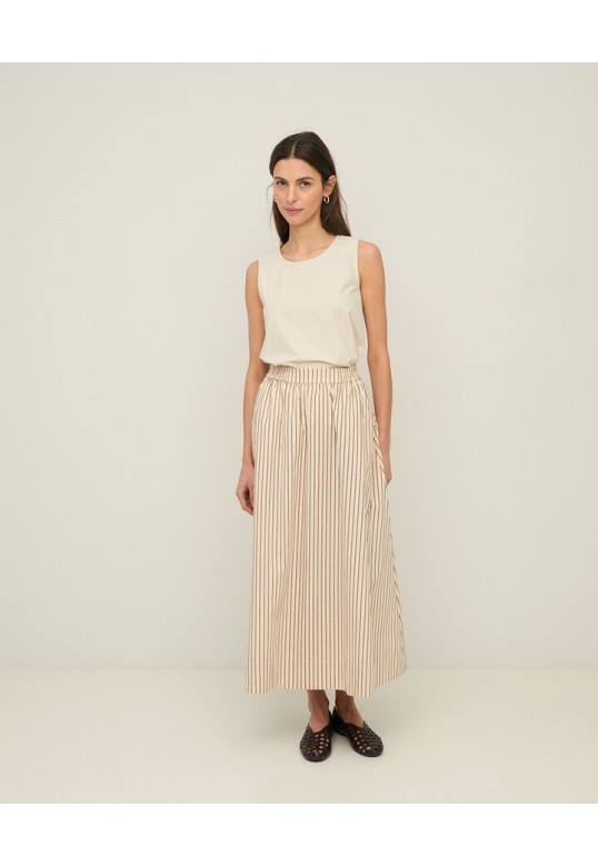 Long striped poplin skirt Ecru Stripes