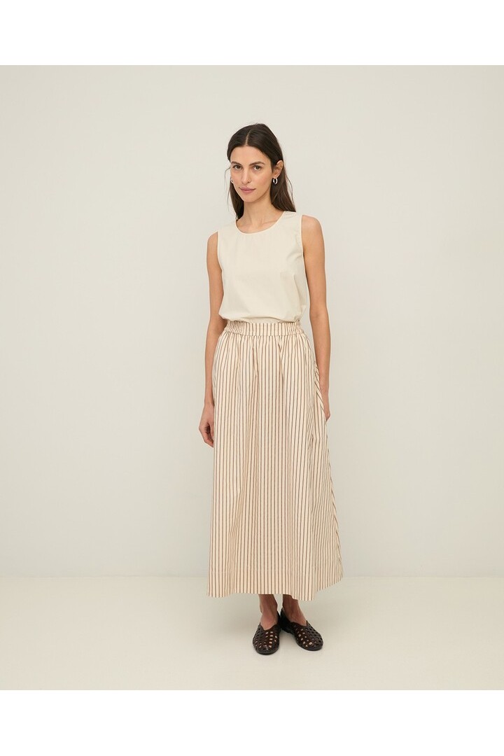 Long striped poplin skirt Ecru Stripes