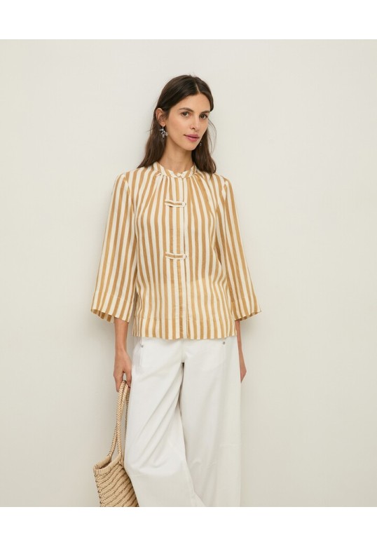 Striped Mao-neck blouse Camel stripes