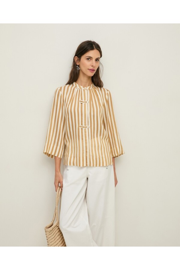 Striped Mao-neck blouse Camel stripes