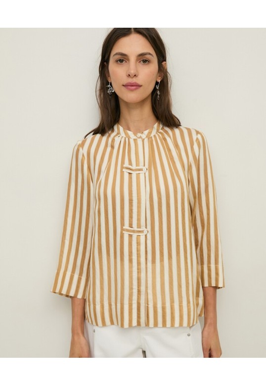 Striped Mao-neck blouse Camel stripes