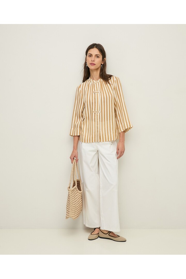 Striped Mao-neck blouse Camel stripes