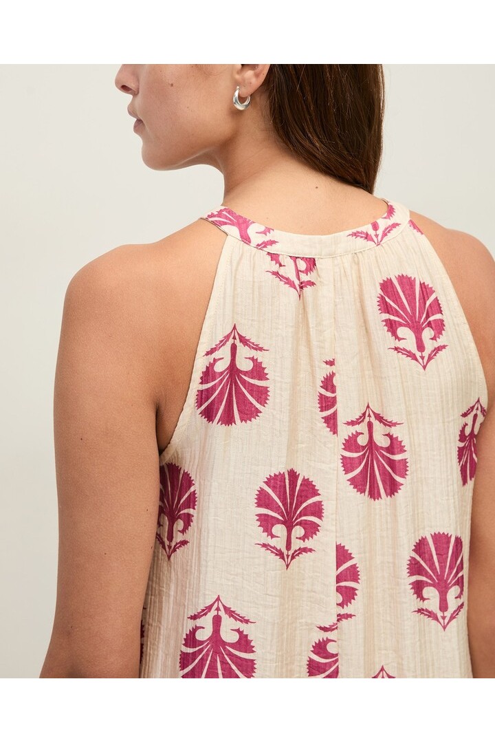 Long print dress with shirring Ecru