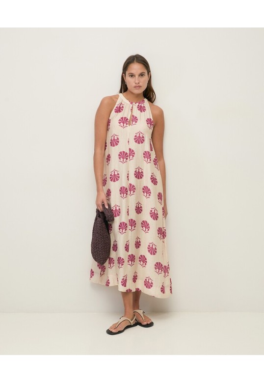 Long print dress with shirring Ecru